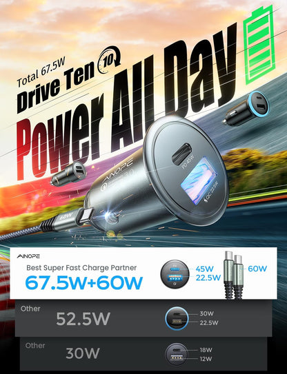 67.5W Car Charger USB C Fast Charging, [Invisible Design] All Metal Dual Port QC3.0 Cigarette Lighter Adapter USB Charger, for Iphone 16 Pro Max 15 14 13 12,Samsung Galaxy S25 Android, Black