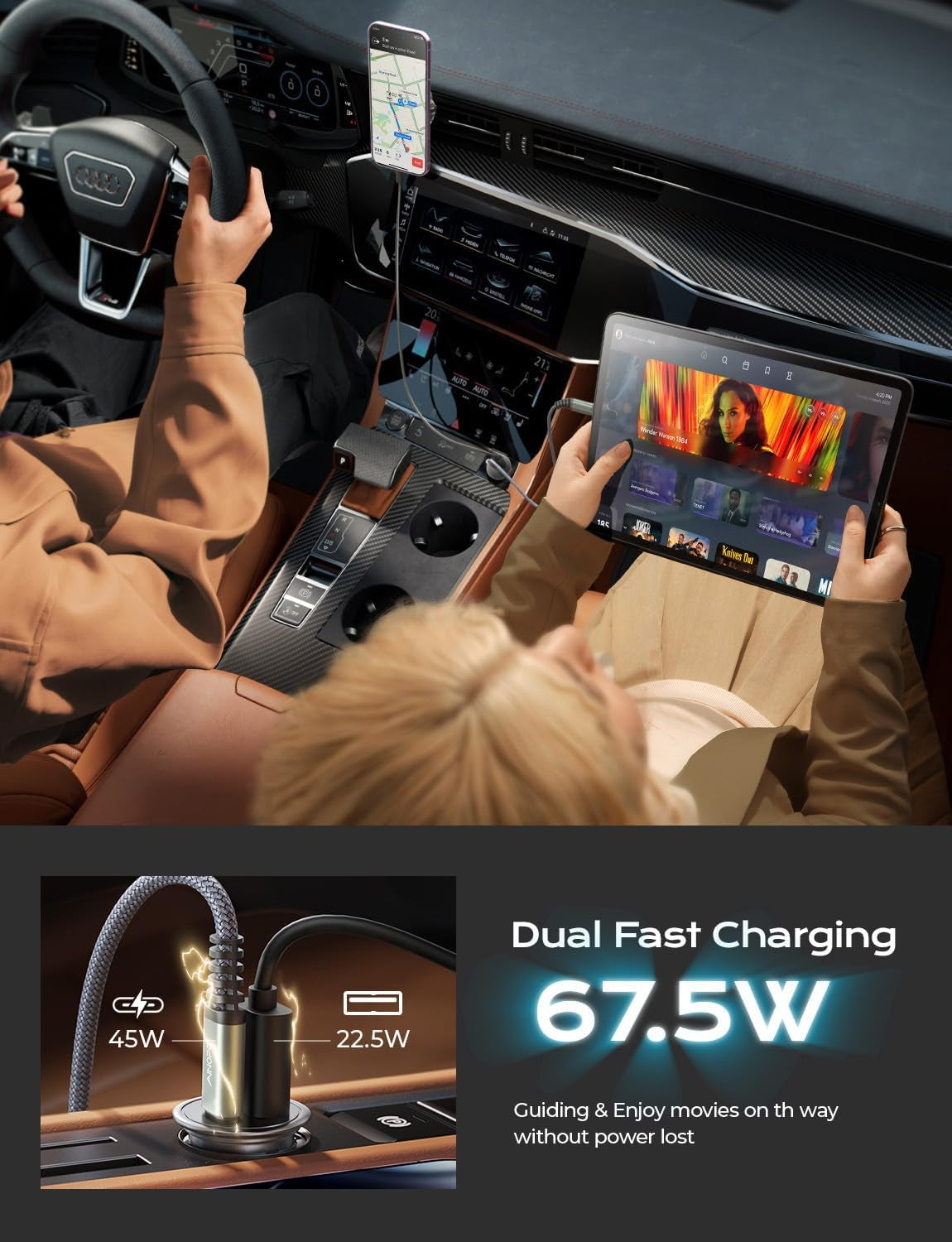 67.5W Car Charger USB C Fast Charging, [Invisible Design] All Metal Dual Port QC3.0 Cigarette Lighter Adapter USB Charger, for Iphone 16 Pro Max 15 14 13 12,Samsung Galaxy S25 Android, Black
