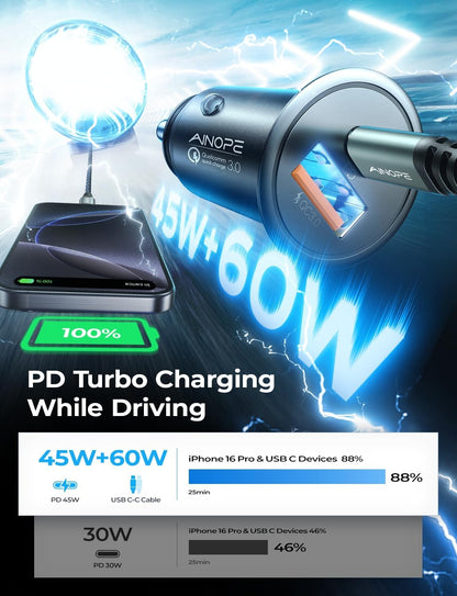 67.5W Car Charger USB C Fast Charging, [Invisible Design] All Metal Dual Port QC3.0 Cigarette Lighter Adapter USB Charger, for Iphone 16 Pro Max 15 14 13 12,Samsung Galaxy S25 Android, Black